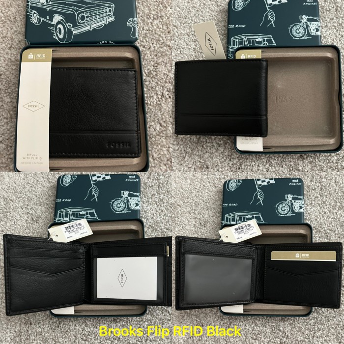 NWT Dompet Pria Fossil Brooks RFID Black with Tin Box