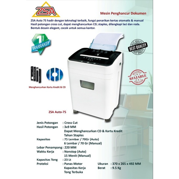 Populer Zsa Auto75 Mesin Penghancur Kertas Auto-75 Paper Shredder Document