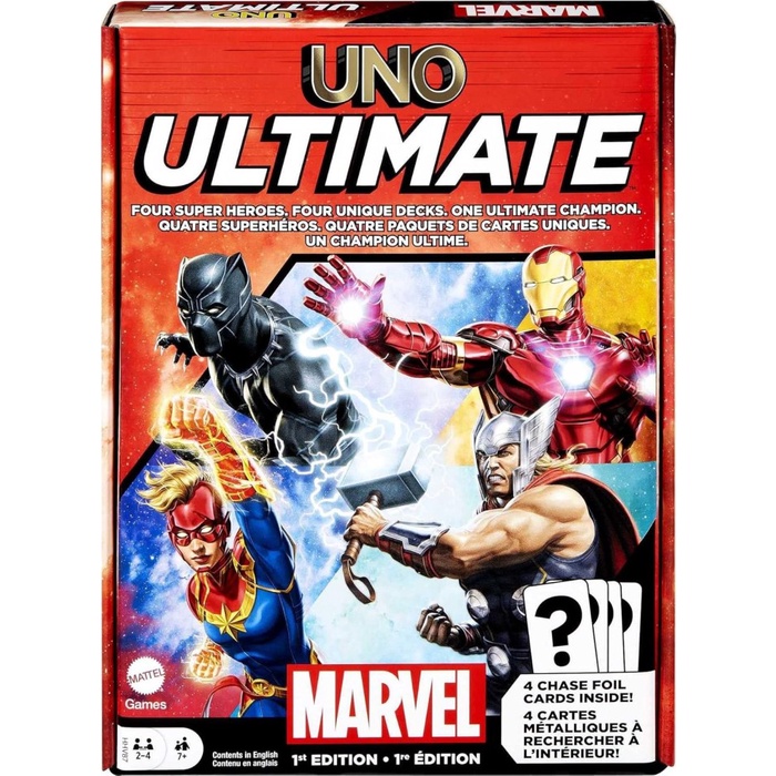 Mattel UNO Ultimate Marvel Card Game with 4 Collectible Foil Cards, Character-Themed Decks & Special