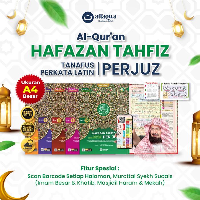

MUSHAF ALQURAN PER JUZ BESAR HAFAZAN TANAFUS PERKATA LATIN UKURAN BESAR A4 TERJEMAH PERKATA LATIN