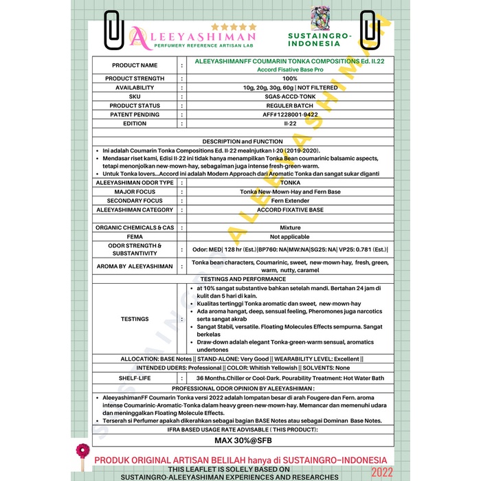 [BestSeller] ALEEYASHIMANFF COUMARIN TONKA COMPOSITIONS Ed. II.22 Accord Fixative B