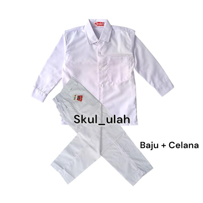 Geraigo- Set Setelan Seragam Sekolah Sd Baju Kemeja Putih Polos Panjang Celana Putih Panjang Anak