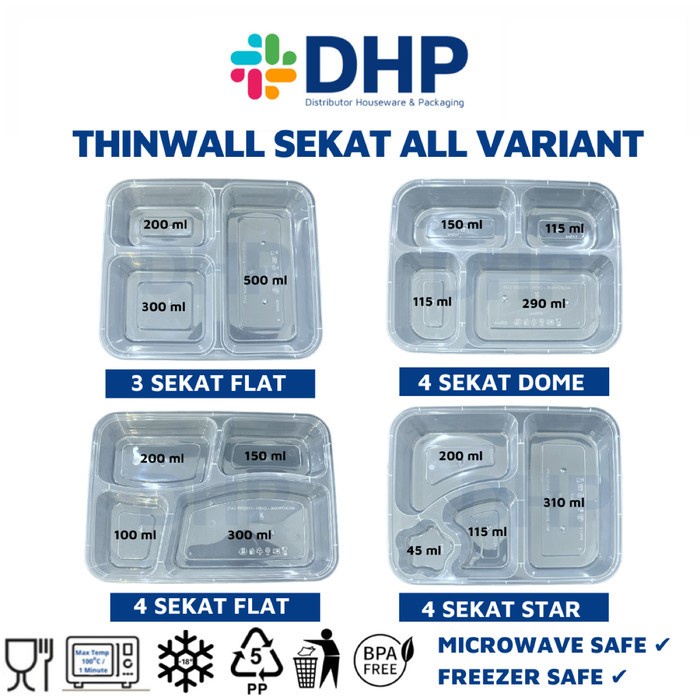 (BestSeller) Thinwall Bento 3 Sekat FLAT + Tutup Box Kotak Makan Nasi Plastik