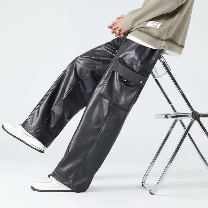 New Dzakileather- Celana Kulit Kargo Pria Casual Hitam Panjang Readyy