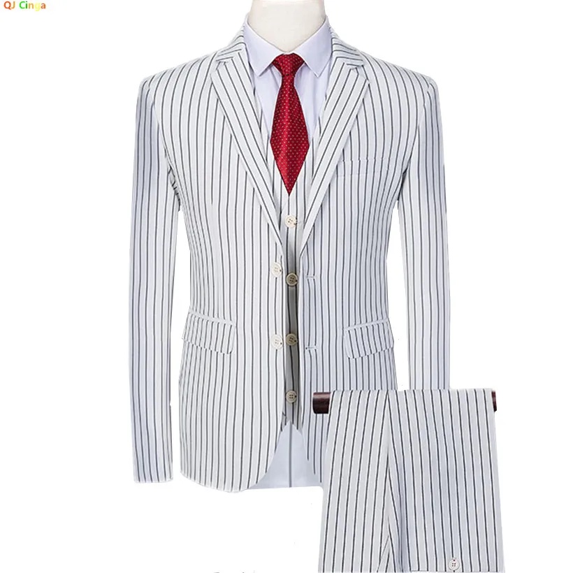 White Mens Vertical Stripe Suit 3 Piece, Business/Office/Wedding Men V-Neck Jacket And Vest With