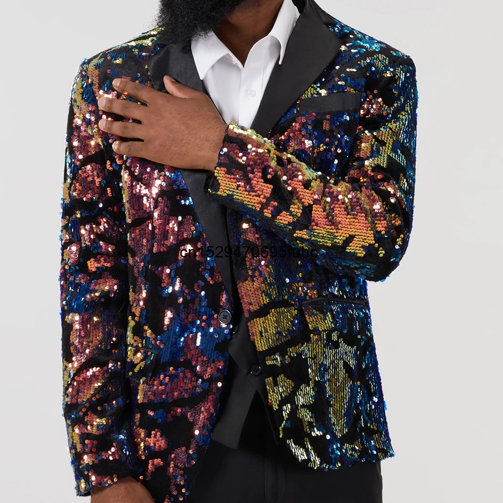 Black Sequin One Button Shawl Collar Suit Jacket Men Bling Glitter Nightclub Prom Dj Blazer Jacket