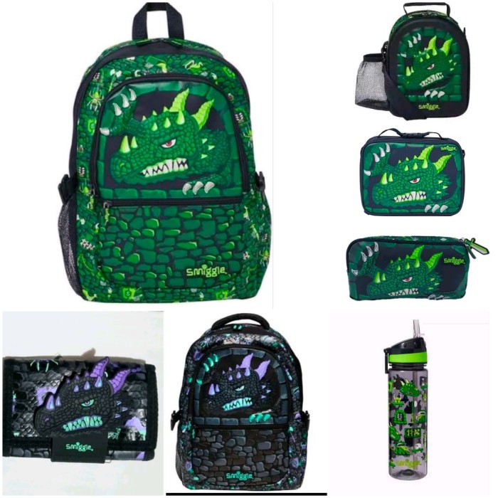 Tas Smiggle Dragon Dino Green Backpack, Lunch bag, Botol, Pencil Case