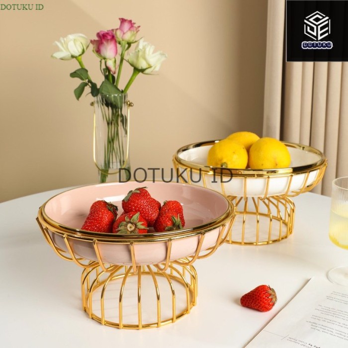 Tempat Buah Keramik Elegant Dengan Rak Stainless Steel Gold