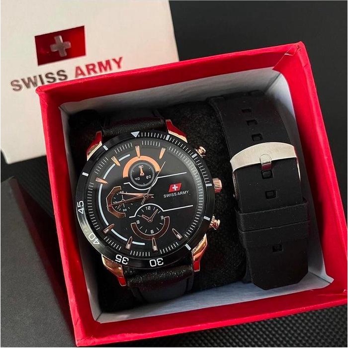 Jam Tangan Pria Swiss Army Tali Kulit Free Sttrap Rubber + Box Jam Tangan