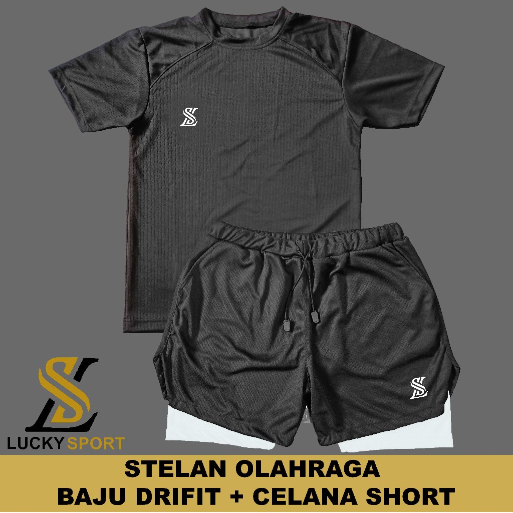 PROMO / Setelan Olahraga Pria Double Layer 1 Set Baju Kaos Dryfit Celana Pakaian Outdoor Running gym