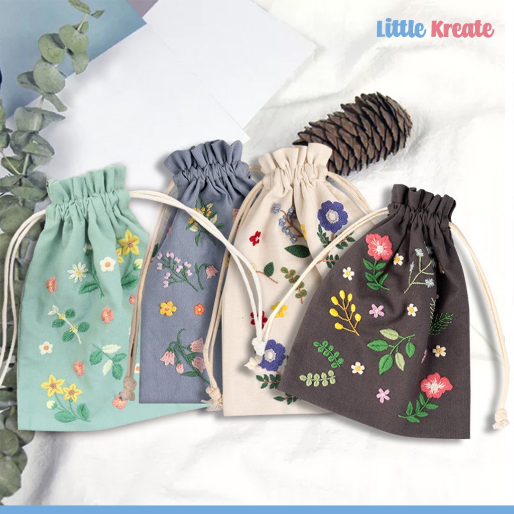 EG#107 DIY Tas Sulam - Tas Serut / DIY Hand Embroidery String Bag Pouch Set / Paket Sulam Menyulam /
