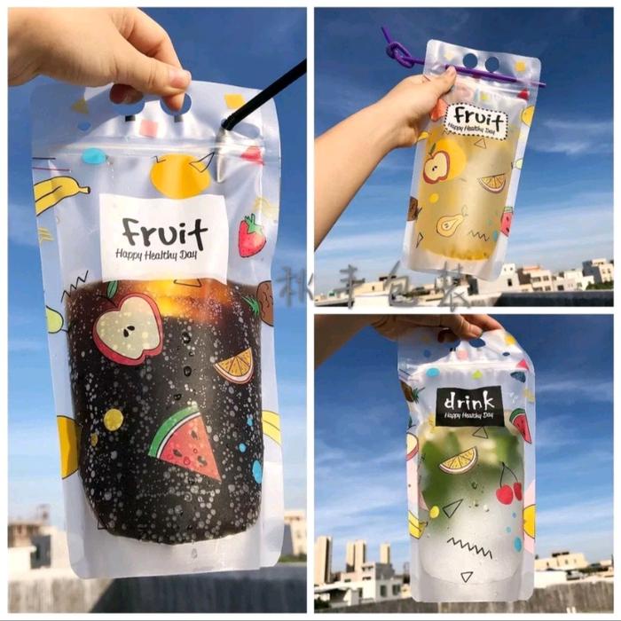per 1pcs standing pouch kemasan minuman 500ml motif viral gratis sedotan / pipet kekinian individual