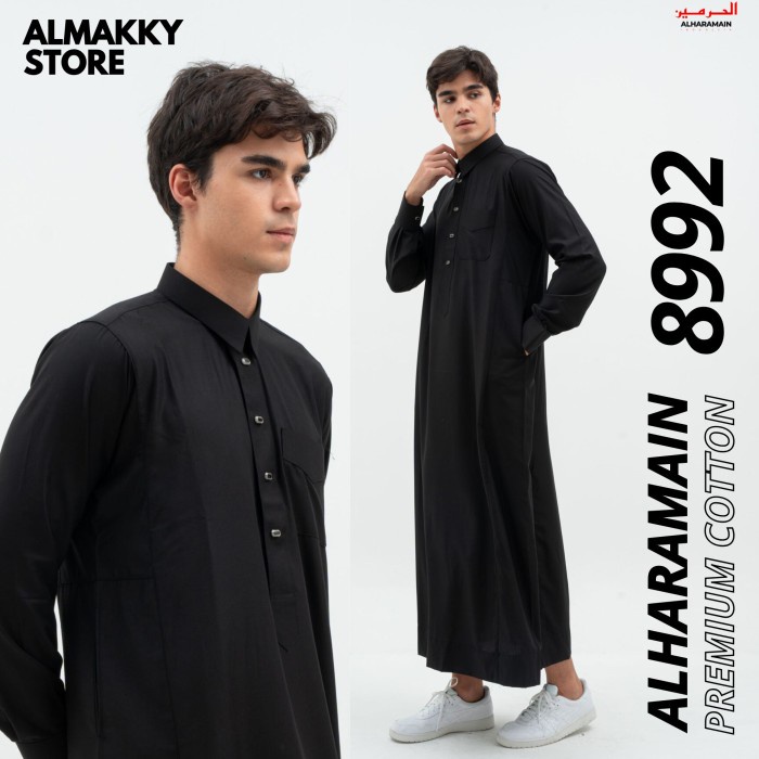 JUBAH AL HARAMAIN 8992 PREMIUM SERIES KATUN BLACK - Gamis Pria Hitam Premium Zafeer