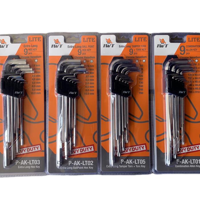 Kunci L set panjang 9 pcs IWT JAPAN HEX-HEX/FLAT-BALL/TORX-TORX/FLAT-TORX HEAVY DUTY EXTRA LONG