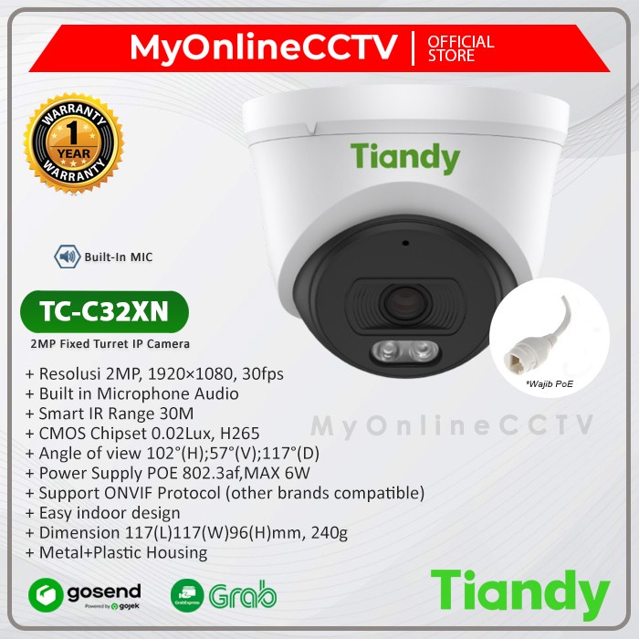 IP Camera CCTV Tiandy TC-C32XN 2MP Audio PoE Onvif IR Indoor Turret
