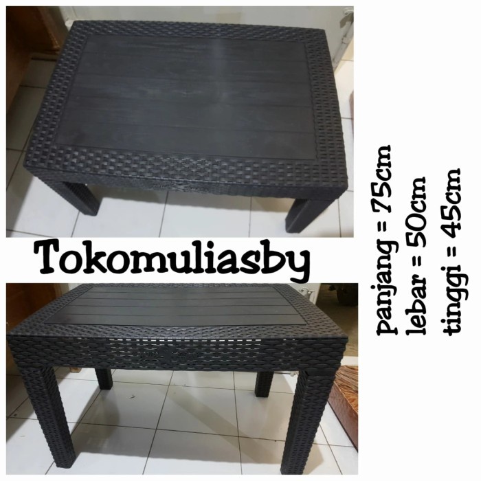 PREMIUM meja plastik motif rotan segi panjang kaki pendek blue shark