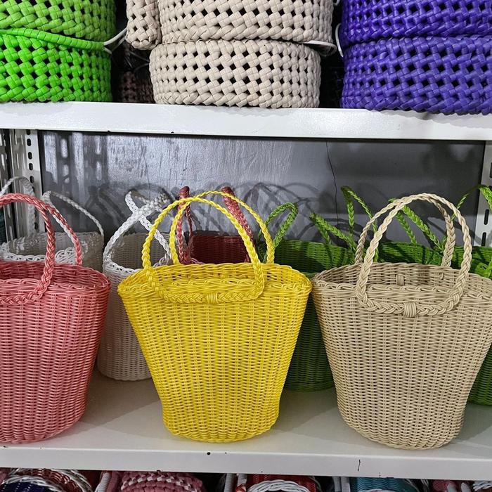 PREMIUM Tas anyam rotan sintetis Plastik Dengan hendel Anyaman