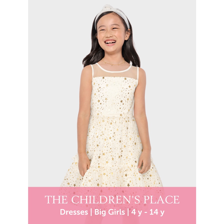 Girls Foil Star Mesh Ruffle Dress - Baju Anak Perempuan (Putih)