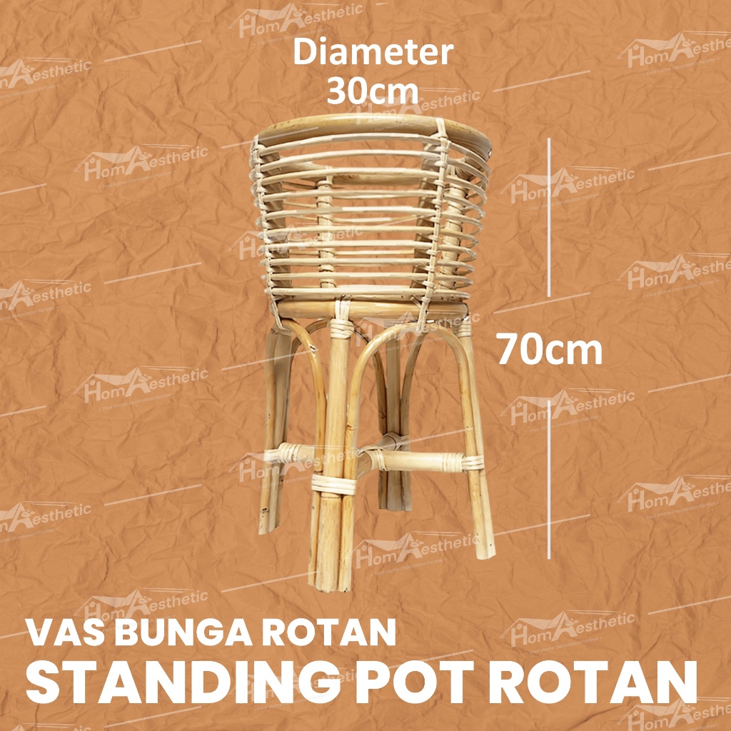 {{ Standing Pot Bunga Rotan 35Cm, Wadah Vas Bunga Minimalis Tempat Pot Rotan Alami Ready }}