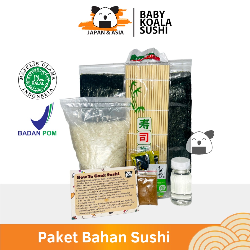 

A Paket Bahan Sushi Lengkap 10 Porsi Halal Beras Japonica, Nori, Bambu Mat, Shoyu, Sushi Seasoning