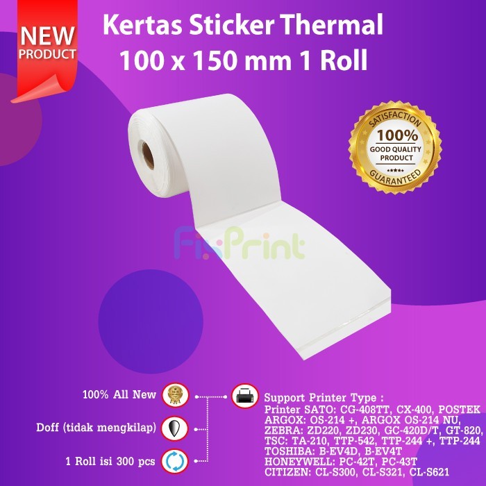 

pintar- Kertas Thermal 100mm X 150mm, Label Barcode Direct Resi 1 Roll Isi 300