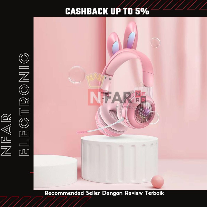 Headset Anak Bluetooth Wireless Telinga Kelinci Lucu Headphone Pink