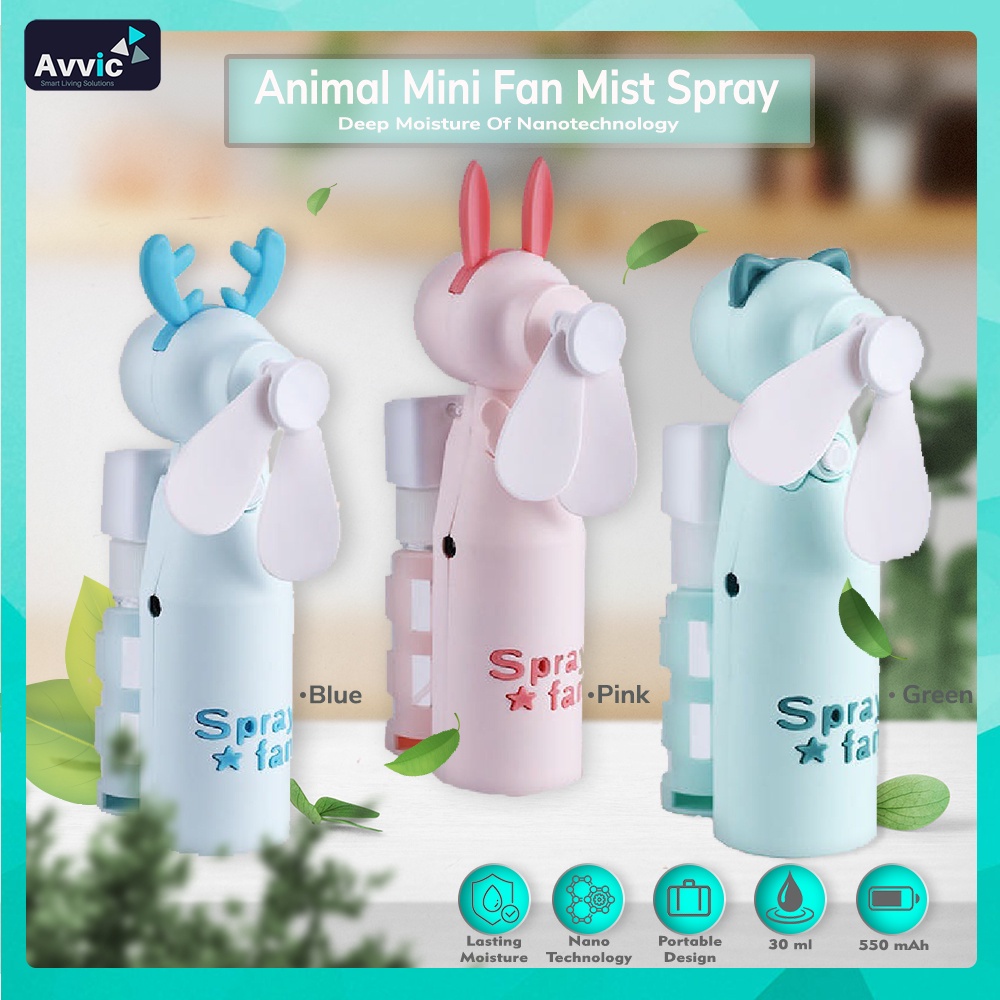 TerLengkapDong- AVVIC Kipas Angin Nano Spray Animal Karakter 2 in 1 Mini Spray Fan Rechargeable