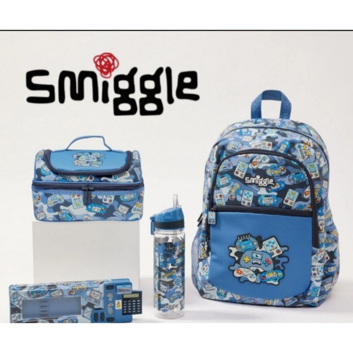 Smiggle Away Game Blue Backpack, Lunch Bag, Pencil Case Set/Kado/Ori