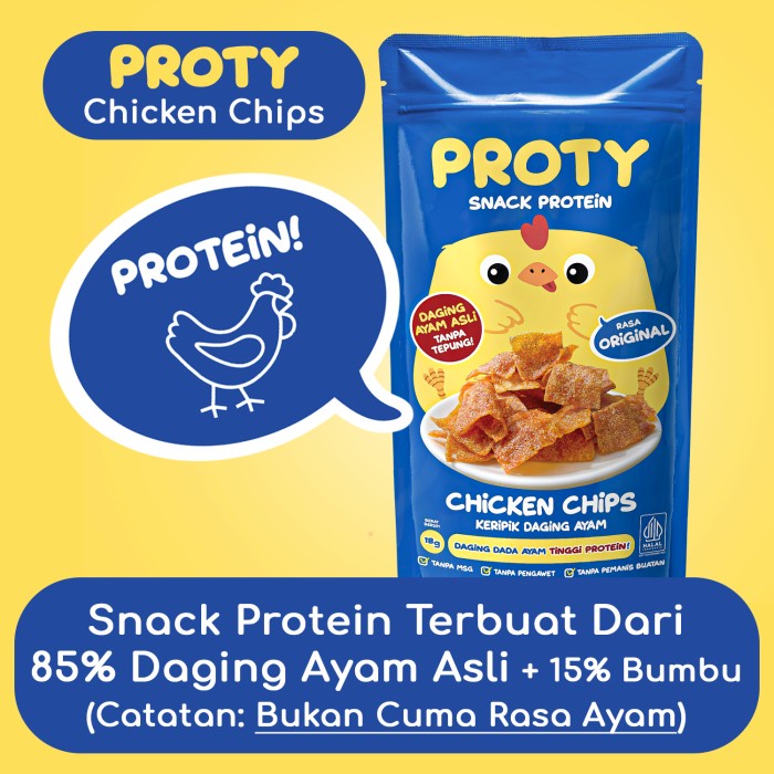 

Cemilan Anak Sehat Berprotein PROTY Chicken Chips Original(2 pcs)+Keju(1 pcs) - Non MSG dan pengawet