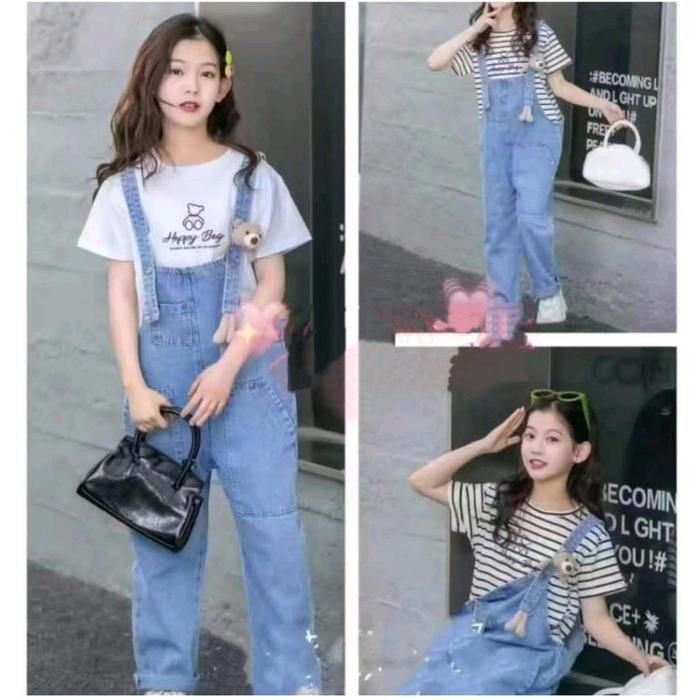 SALE TERHOTT SETELAN OVERALL JEANS INNER KAOS APLIKASI BONEKA KECIL FASHION ANAK USIA 5-8 THN READYY
