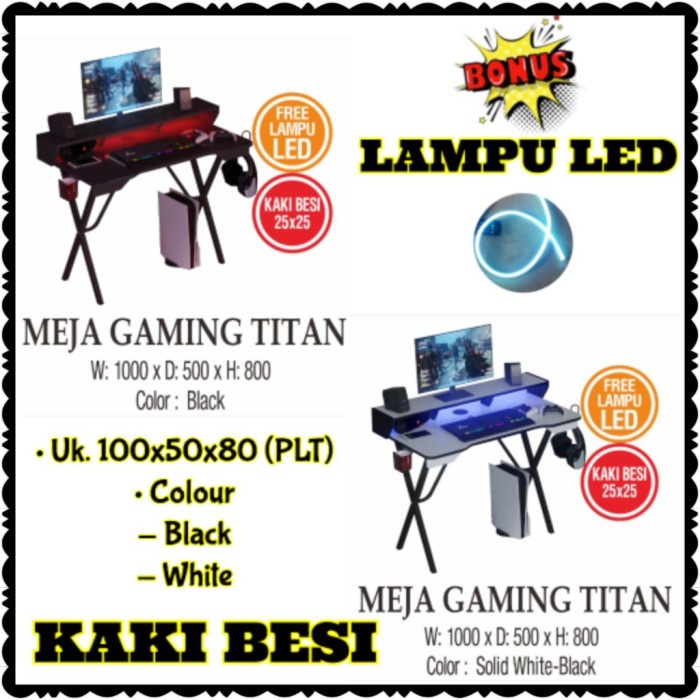 Meja GAMING Meja KOMPUTER PC - FREE LAMPU LED