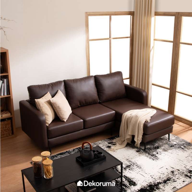 Dekoruma TAKA Sofa Sudut L Kiri Minimalis 3 Dudukan - Cokelat Tua *