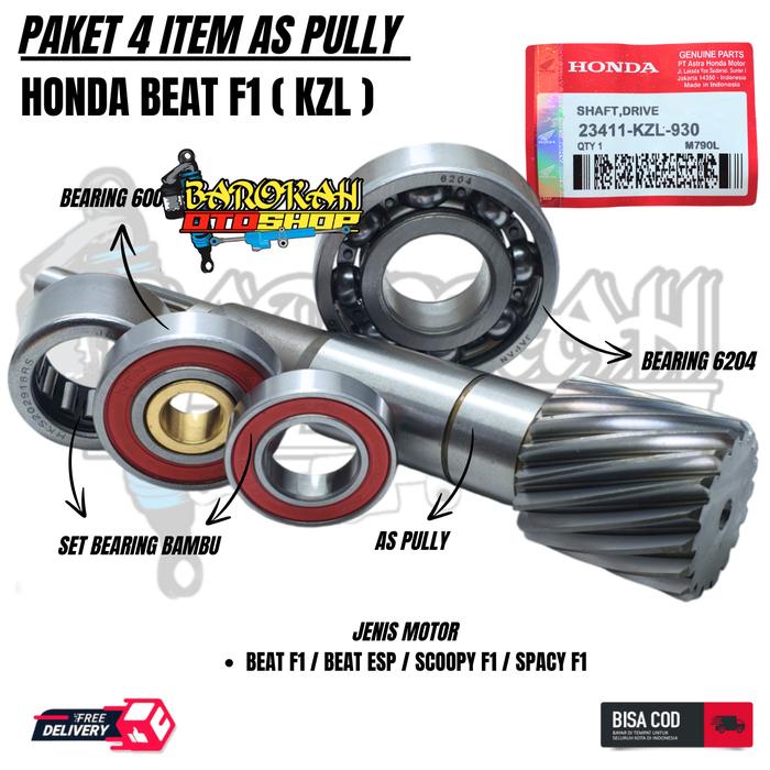READY STOK! Paket 4item As Pully belakang Beat f1 kzl + Bearing pully beat + bearing honda 6204 +
