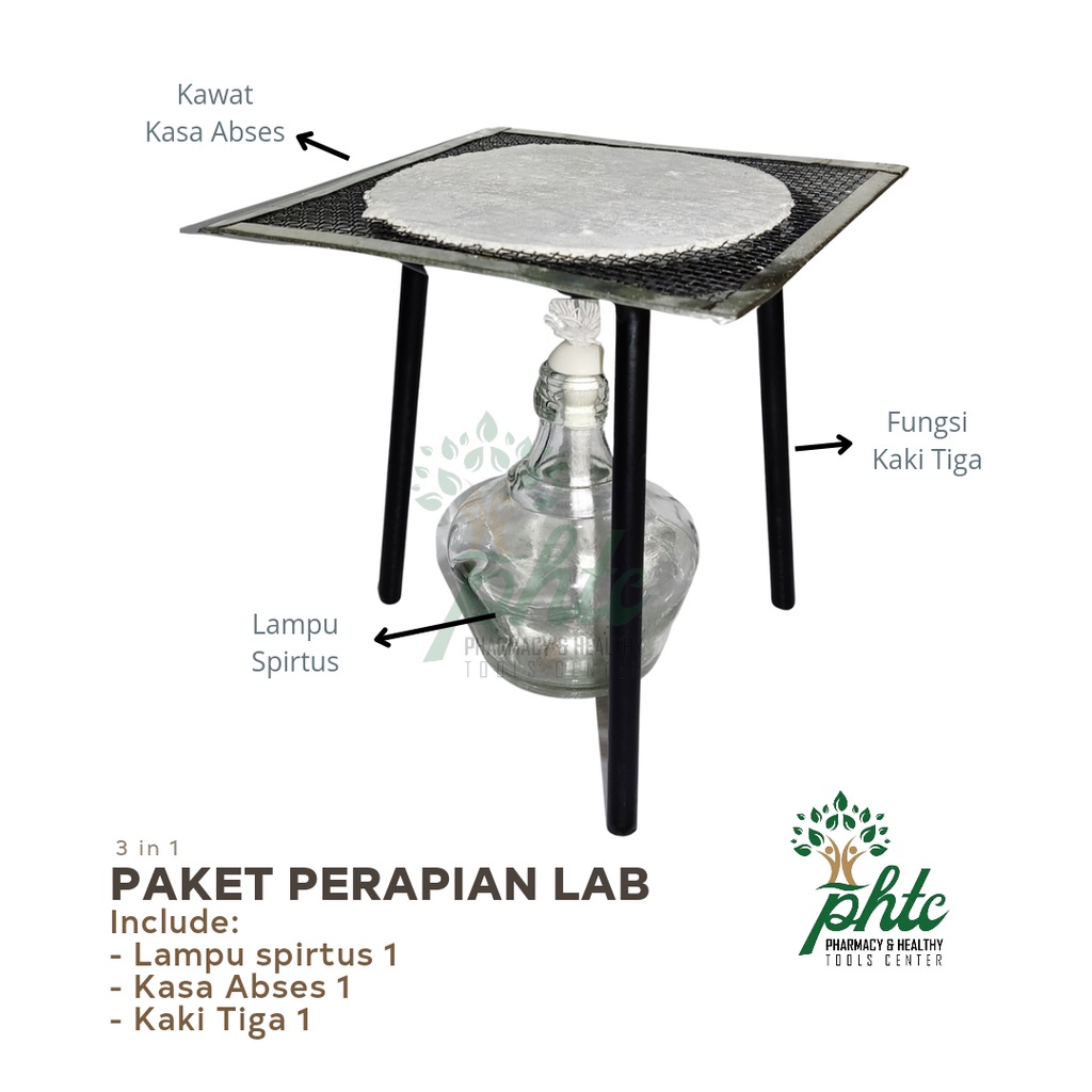MURAH!! Paket Pemanas Laboratorium l Lampu Spirtus + Kawat Kasa Abses + Kaki Tiga Besi Tebal