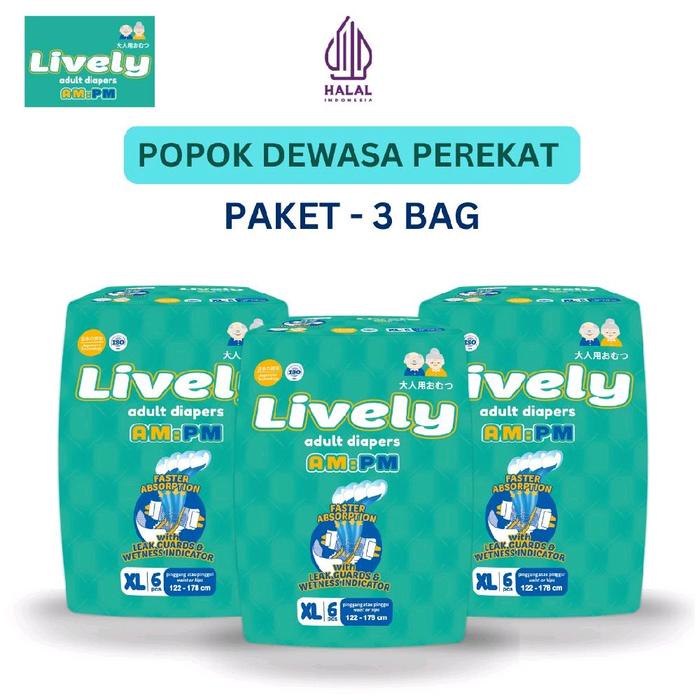 [3Bag] LIVELY Popok Dewasa Perekat XL6 Anti Ruam - Cepat Kering, Daya Serap Tinggi, Anti Iritasi &