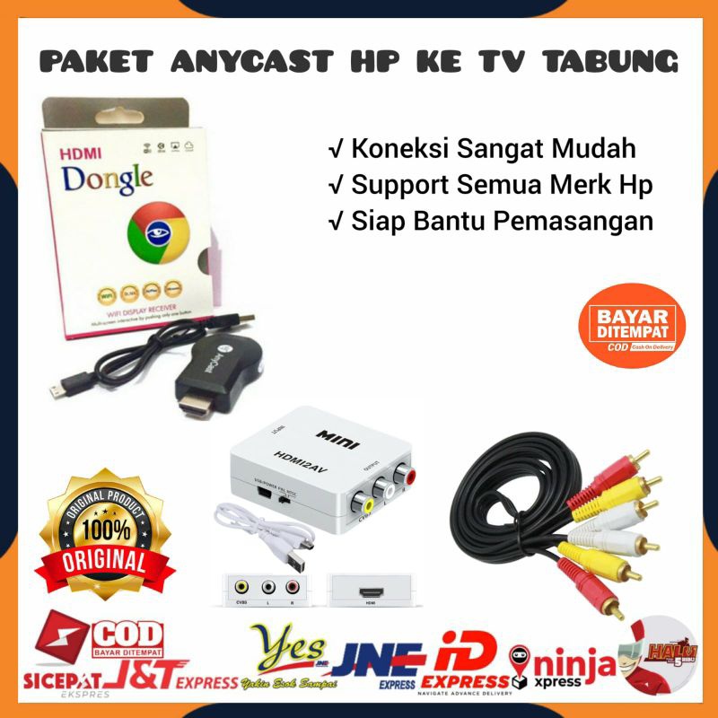 PAKET LENGKAP ANYCAST DARI HP KE TV TABUNG / DONGLE ANYCASH WIFI / MIRACAST DONGEL RECEIVER TV