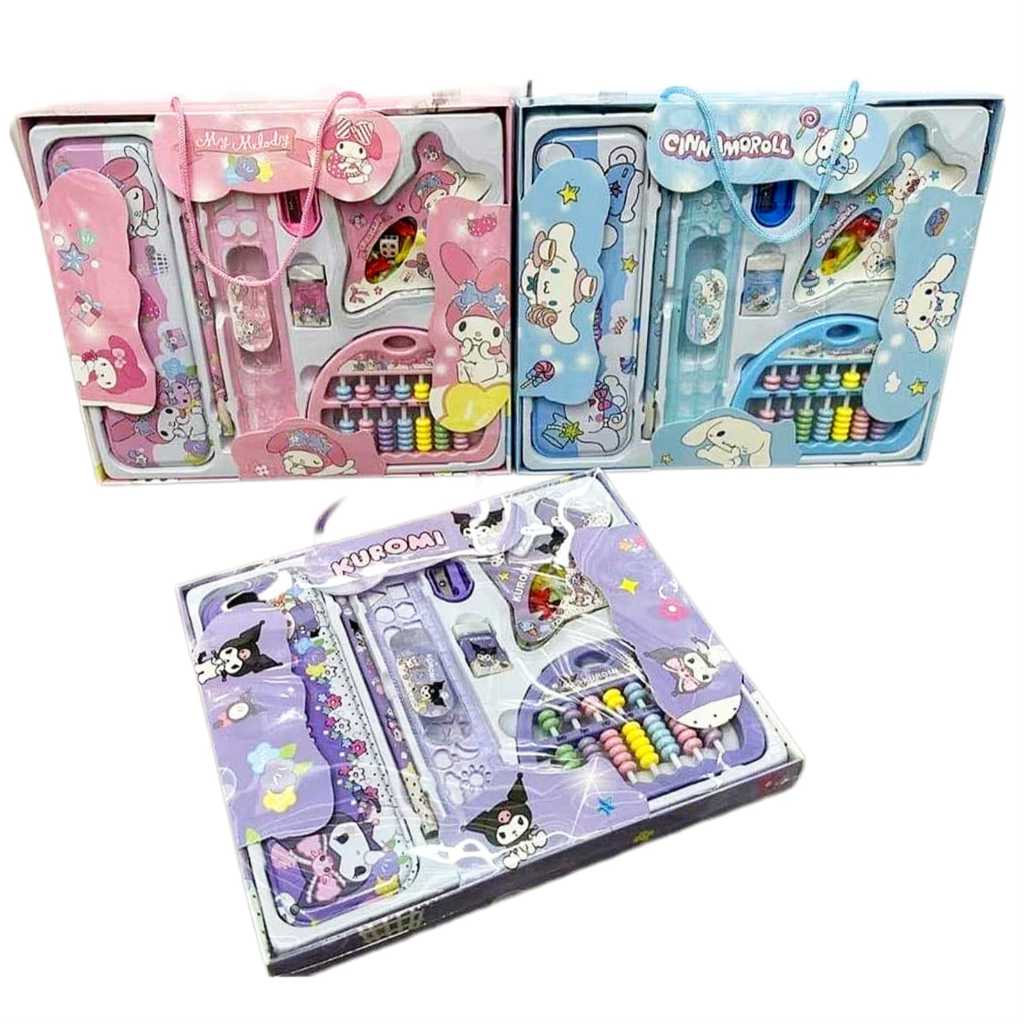 

Paket Alat Tulis Souvenir Kado Kuromi Cinnamorol Melody Kotak Pensil Sempoa Penggaris Penghapus