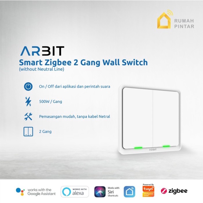 Arbit Smart ZigBee Wallswitch 2 Gang Without Neutral line - Putih