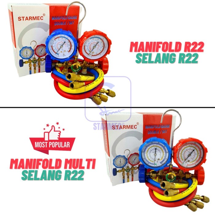 Manifold AC R22 R410 R32 + Selang R22 Starmec (Knob Plastik) Double
