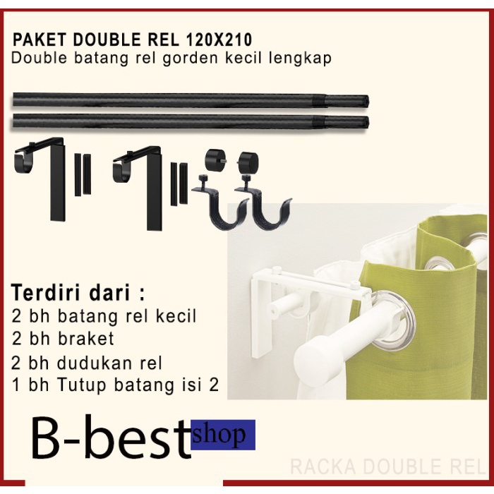 Double rel batang tirai gorden / paket batang rel gorden adjustable