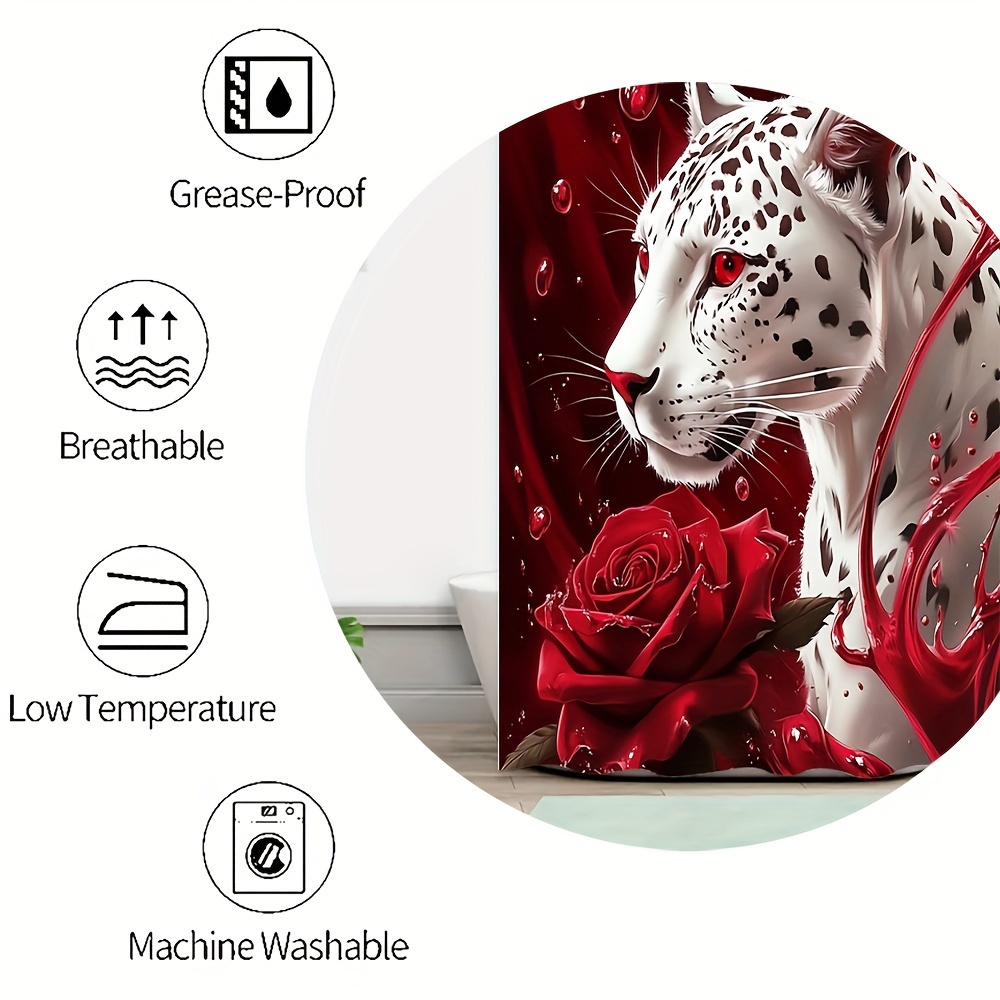 Mystical White Leopard with Red Roses Bathroom Set - Waterproof Shower Curtain, Toilet Lid Cover,