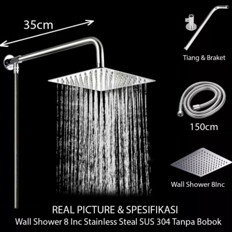 SHOWER KAMAR MANDI RAINFALL 8 INCH STAINLESS SATU SET / SHOWER MANDI TANPA BOBOK