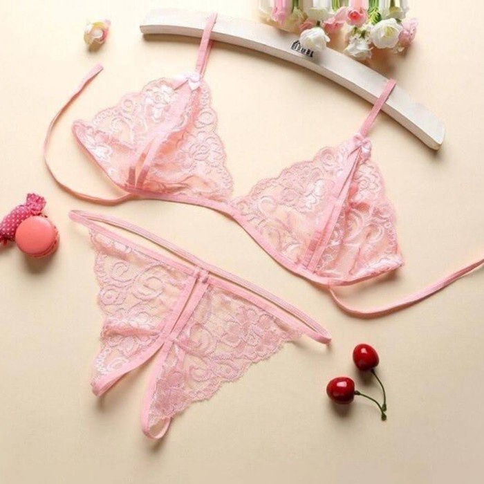 Kasih Sexy Lingerie Bikini Bra Set + Crotchless Panties G String Pink