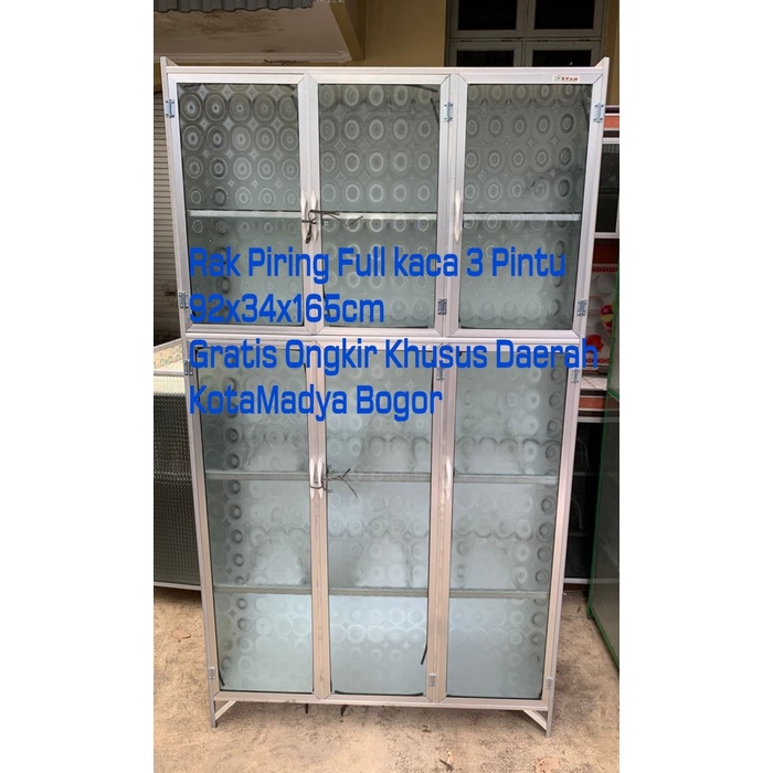 silahkan- Lemari Rak Piring FULL Kaca 3 pintu Alluminium Khusus BOGOR dan DEPOK