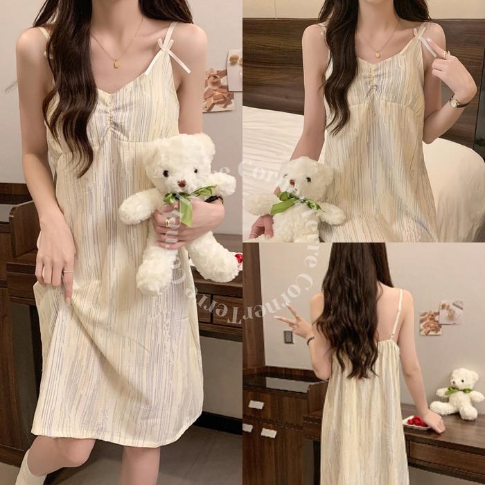 Yijae Dress Daster Tidur Aesthetic Dengan Cup Bra Piyama Korea Wanita Import Tanpa Lengan Sleeveless