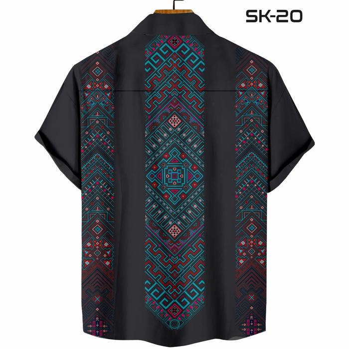 Navero-Kemeja Pria Casual Motif Etnik Geometris Printing Tangan Pendek Keren SK - 20 Baju Nyaman