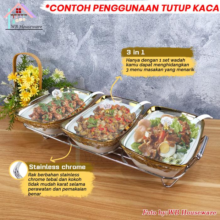 VICENZA Prasmanan set segi isi 3 + tutup kaca dan keramik + rak / CR-751-DC Gemini Alat Saji dengan