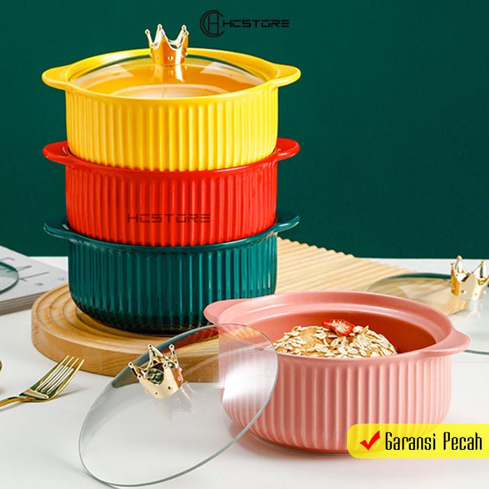 mangkok HCSTORE Tutup warna ukuran 20cm dengan handle tahan panas Keramik Mangkuk