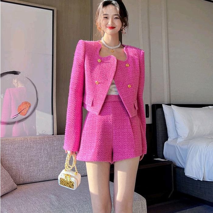 MissMoka Bobbie Set Setelan Tweed Blazer dan Celana Pendek Gaya Korea