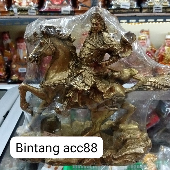 patung kwan kong/kwan kung/ guan yu-naik kuda-8inch-kuningan